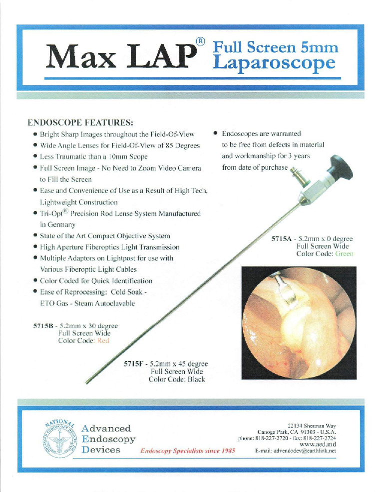 thumbnail of Max Lap Laparoscope Sell Sheet Advanced Endoscopy Devices